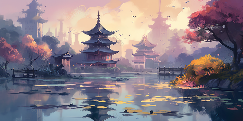 杭州西湖雷峰夕照梦幻水墨画背景,插画/手绘图,插画/手绘图库,插画/手绘图下载,插画/手绘